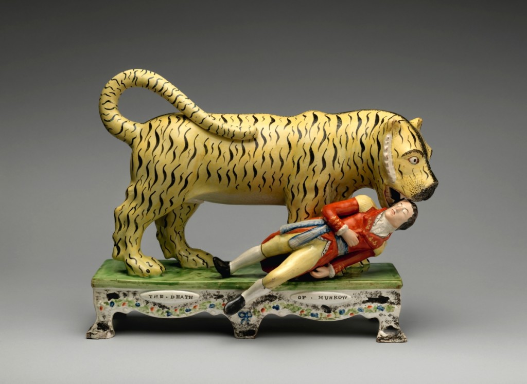“The Death of Munrow,” Staffordshire, circa 1820-30. Lead-glazed earthenware with enamel decoration, 11 by 14-  by 5¾ inches. Purchase, funds from various donors, the Charles E. Sampson Memorial Fund, and the Malcom Hewitt Wiener Foundation Gift, in memory of George Munroe, 2016.
