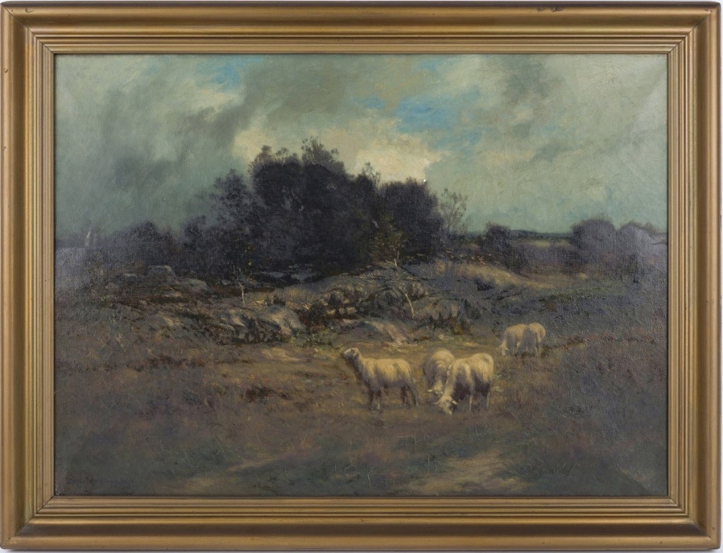 Despite much in-painting and restoration, this Carleton Wiggins (1848-1932) oil on canvas titled verso “Borders of the Forest of Fontainbleau” was still a lovely piece and found a buyer at $540.