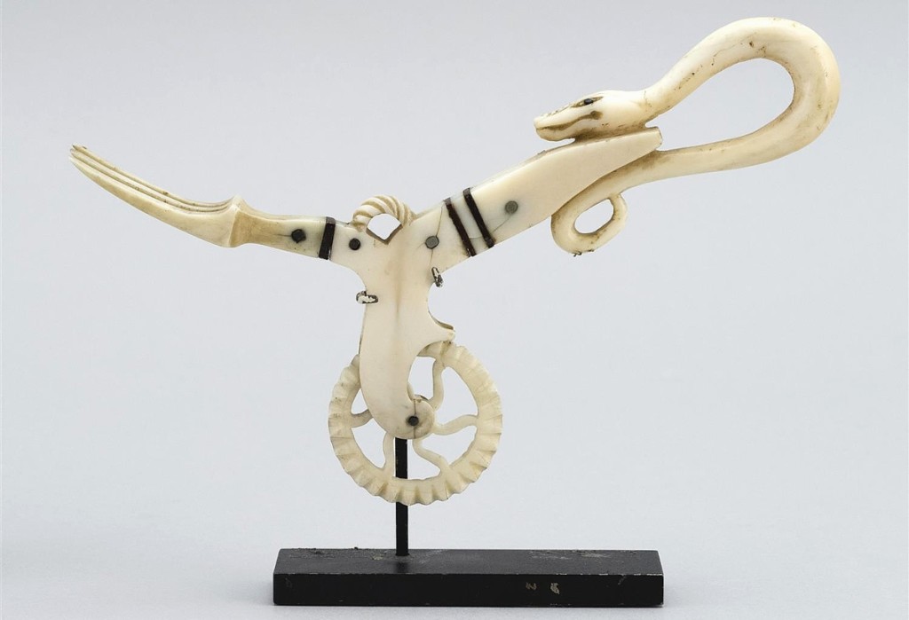 A private New York collection supplied a number of ivory pie crimpers in the sale, among them one with a snake handle that was in the collection of E. Norman Flayderman and illustrated in his book Scrimshaw and Scrimshanders, Whales and Whalemen. The crimper, which brought $18,750, dated to the mid-Nineteenth Century and was possibly in the collection of Meylert Armstrong, an early Twentieth Century pioneer in scrimshaw collecting. Marked with an “NH” to it, the catalog notes, “According to scrimshaw historian John Rinaldi, Flayderman purchased much of Meylert Armstrong’s collection out of his New Hope, Pennsylvania, home, marking the items ‘NH,’ standing for ‘New Hope,’ followed by a series of numbers. The Armstrong Collection formed the nucleus of Flayderman’s collection, and a substantial number of items illustrated in Flayderman’s book are from Armstrong’s collection.”