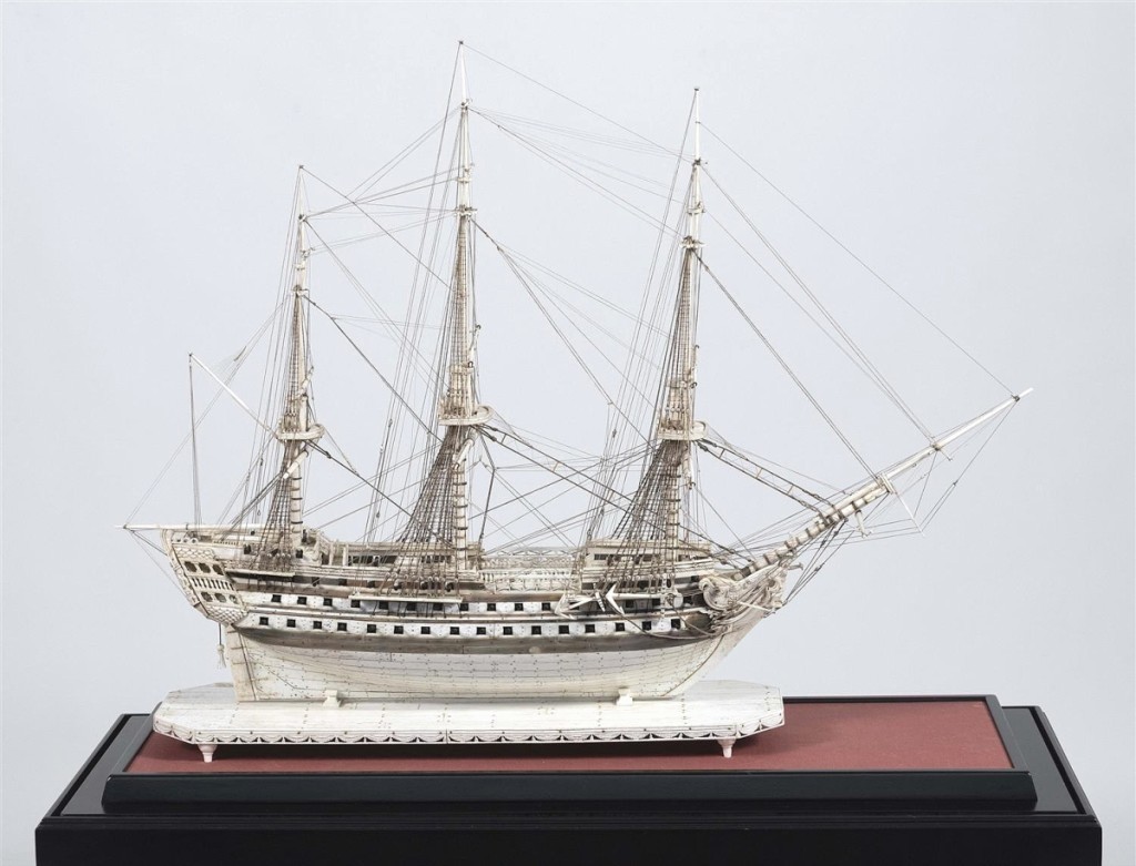 Taking $12,500 was this early Twentieth Century bone model of a 56-gun ship done in the style of the prisoner-of-war models. The case measured 37¼ inches.