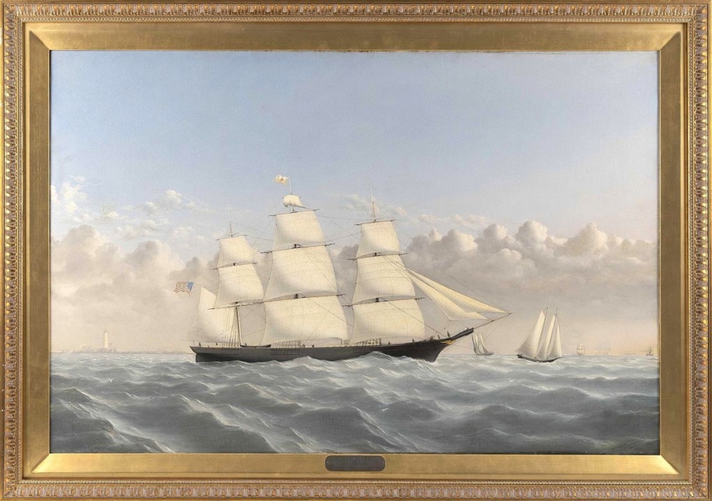 A star from the Kelton Collection was William Bradford’s (American, 1823-1892) “Clipper Golden West of Boston, outward bound,” which sold for $59,375. In a letter to Kelton from Richard Kugler, who included the work in the book William Bradford—Sailing Ships & Arctic Seas and in an exhibition at the New Bedford Whaling Museum, Kugler writes of coming across an interview with Bradford where the artist recalls, “Captain Glidden (senior partner Glidden & Williams) gave me one hundred dollars for a picture about four feet long,” quite likely a reference to this 48-inch-wide image.