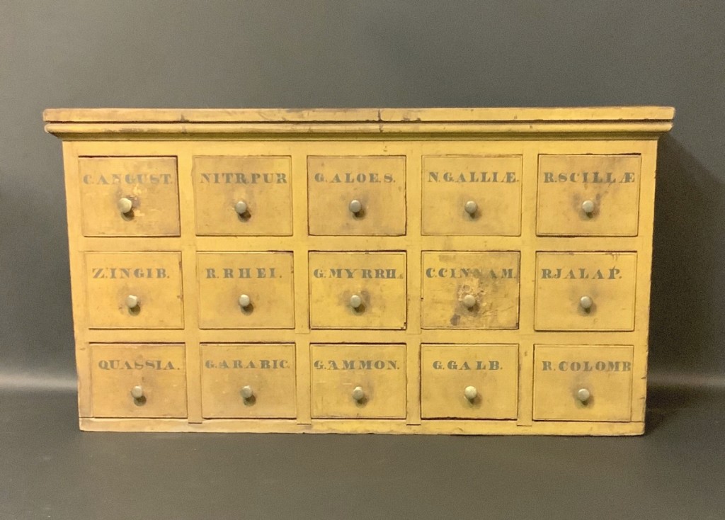 Chief among Jewett-Berdan Antiques’ sales was a tabletop apothecary with what they described as “the best dry untouched, uncleaned chrome yellow paint surface with original lettering in black, with the original brass knobs, dovetail pine and poplar drawers and case.” Found in Pennsylvania, the circa 1830 piece measured 31 by 9 by 17 inches.