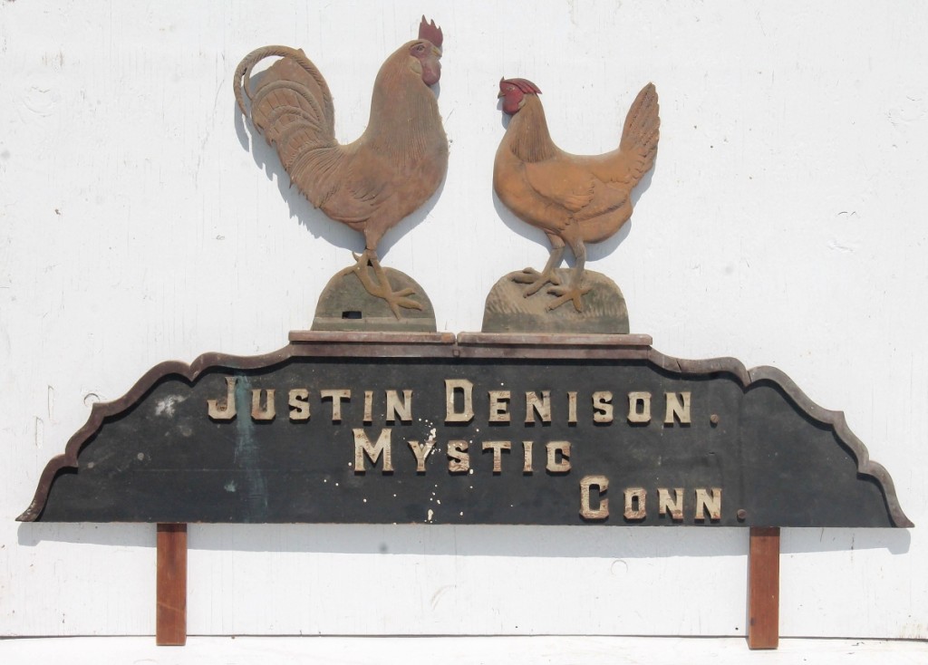 This early Twentieth Century wooden trade sign for “Justin Denison Mystic” was at the top of the pecking order, bringing $5,400 from a trade buyer on the phone who was underbid by bidders on the phone and online ($2/4,000).