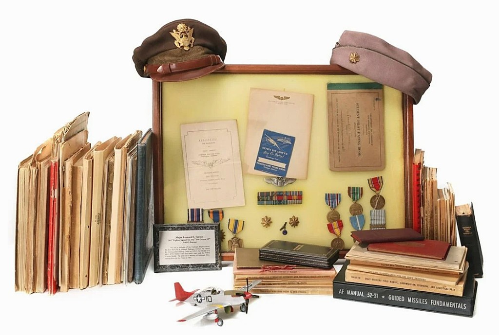 A large archive and medal assortment from Major Turner of the Tuskegee Airmen sold for $2,486. Among them were his instrument books, official personnel records, autograph books, personal ephemera and his prayer book. Earned as a P-51 pilot, Turner’s medals included the Distinguished Flying Cross with four oak leaf clusters, Air Medal with four oak leaf clusters, ETO Medal with four battle stars and the WWII Victory Medal.