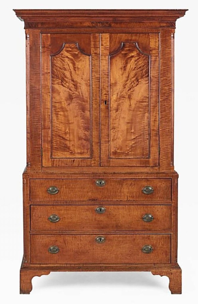 If the grain does all the talking, this tiger maple linen press could entertain any room. Taylor Thistlethwaite, Upperville, Va., sold this example from the Mid-Atlantic, circa 1880.
