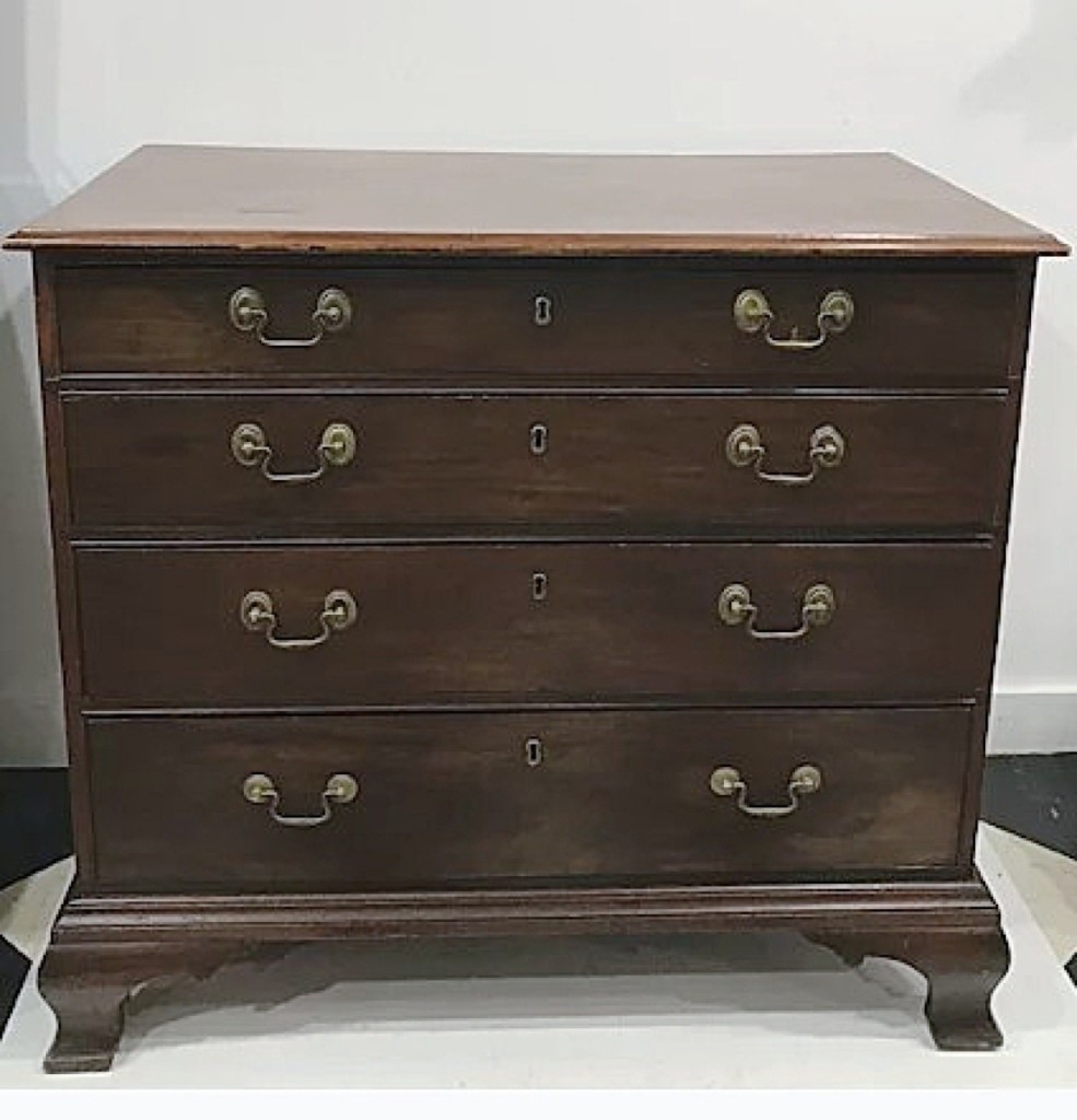 The majority of pieces listed in MidWeek were easily shippable smalls. Steve White of White & White Antiques, Skaneateles, N.Y., was offering this mid-Eighteenth Century Chippendale walnut four-drawer bureau attributed to Rhode Island or Eastern Connecticut. It was priced at $3,495.