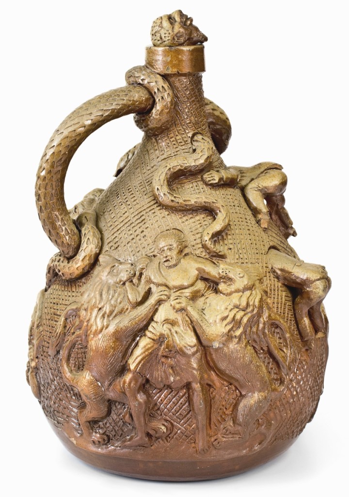 Also bringing $72,000 and more than doubling its $35,000 high expectation was a rare Anna Pottery stoneware temperance jug, 12 inches high, attributed to Wallace and Cornwall Kirkpatrick, Anna, Ill., circa 1862.
