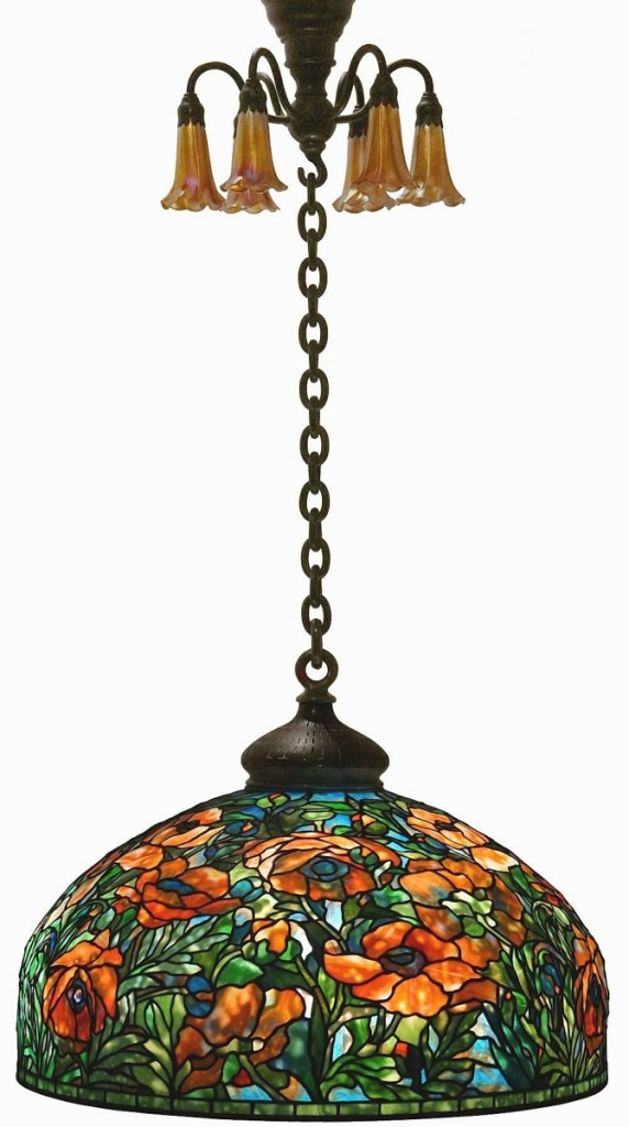 It was expected to be the star of the sale and it was. This 26-inch-diameter Tiffany chandelier with colorful red-orange oriental poppy flowers and six serpentine arms holding favrile glass lily shades brought $665,500.