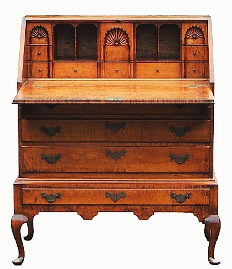 It is often the case that diminutive pieces bring oversize prices. That was the case in this Queen Anne tiger maple slant front desk on frame that brought three times its low estimate, selling to an Ohio collector for $3,250 ($ ,000). The desk measured 32 by 40 by 18 inches.