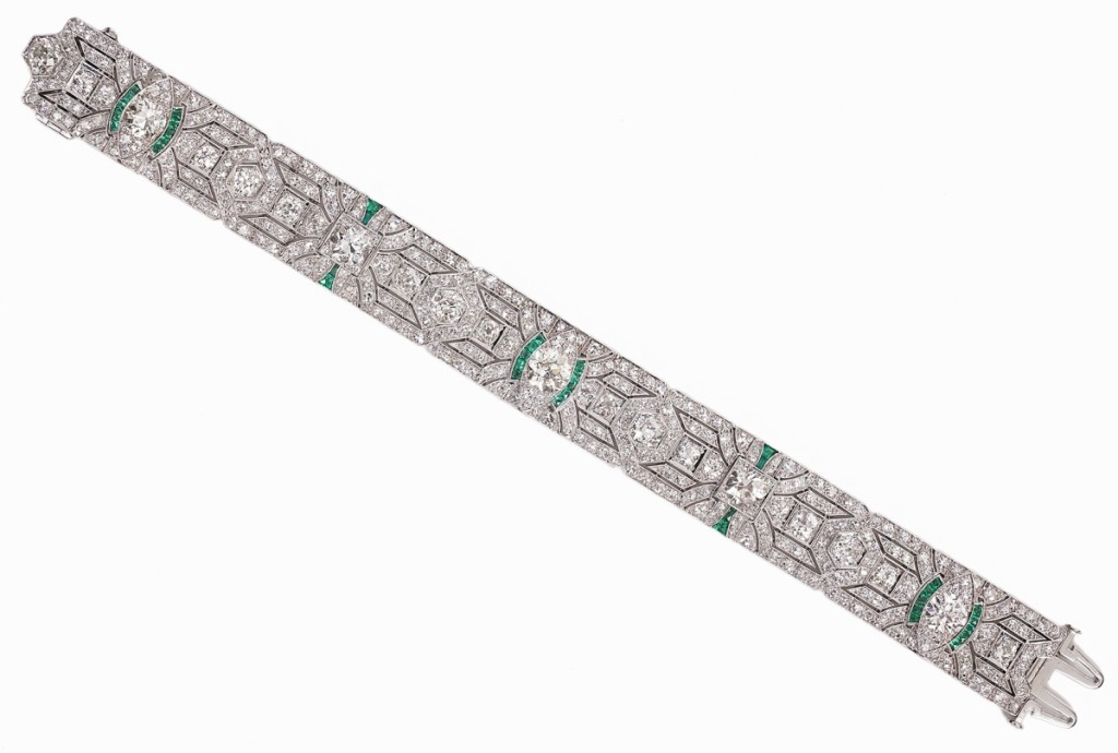 Rich with old European cut diamonds, this flexible link lady’s Art Deco diamond bracelet jumped to $20,650 from a $12/15,000 expectation.