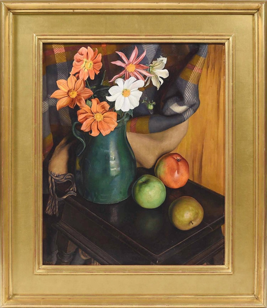 Another painting by Luigi Lucioni, an oil on canvas still life titled “Dahlias and Apples,” dated 1931, signed and dated lower left, was bid to $38,350.