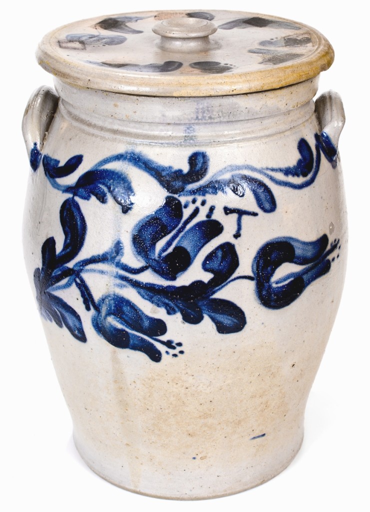 Finishing at $36,000, this rare 6-gallon lidded stoneware presentation jar with cobalt floral decoration and dated 1874 was made by Strasburg, Va., potter Solomon Bell on New Year’s Day 1874 while visiting his brother, John, in Waynesboro, Penn. He inscribed the piece as a gift for his niece, Tillie Bell, the youngest daughter of John and Mary Elizabeth Bell to survive into adulthood.