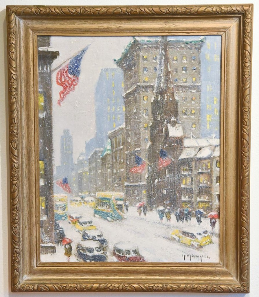 Known for his wintry New York City streetscapes, Guy Carleton Wiggins (American,1883-1962) was represented in the sale by “Winter At 57th And 5th,” which was bid to $54,400.
