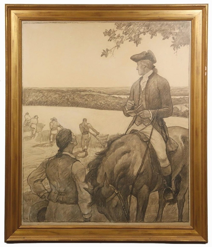 At $108,000, N.C. Wyeth’s unfinished charcoal drawing “First Farmer of the Land,” showing George Washington overseeing work on his plantation, was the highest priced item in the sale. It was hanging in his studio next to the oil painting, which he had been working on just hours before his death.