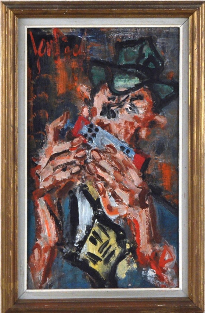 From the estate of Lucy Jarvis, a Modernist school oil on Masonite “Harmonica Player,” signed upper left and frame size 31 by 22½ inches was bid to $4,270.