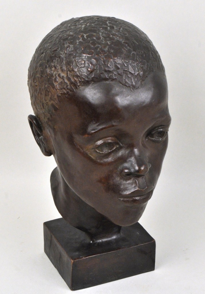 Attributed to Augusta Savage (American, 1900-1962), this bust of an African American male commanded $9,760. There was a Roman Bronze Works foundry mark to the reverse of the base, and the sculpture was 12½ inches high, 6 inches wide and 8 inches deep.