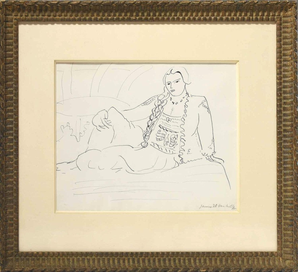 Original ink sketch by Henri Matisse, reclining woman, titled “Odalisque,” signed lower right “Janvier ‘28 Henri Matisse,” sold for $70,800.