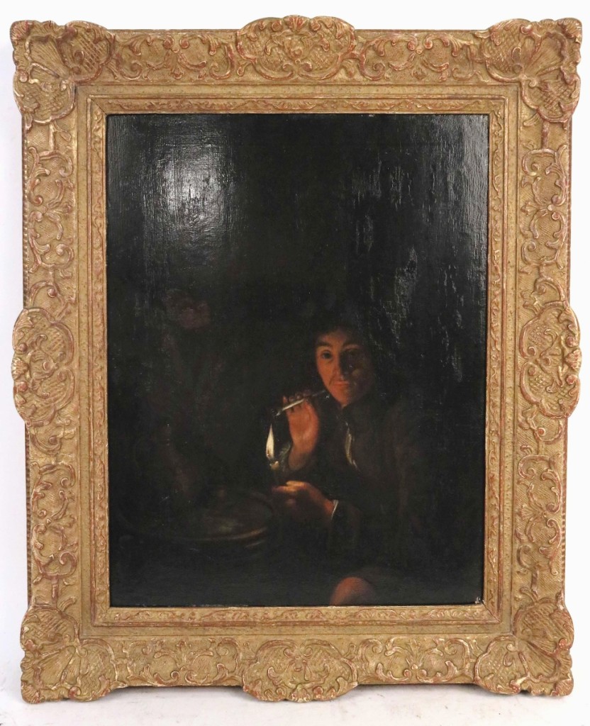 Bringing $44,280 from a New England private collector was this Old Master oil on panel painting titled “Man Lighting a Pipe,” attributed to Godfried Schalcken (Dutch, 1643-1706). Formerly in the collection of Martin Wunsch, the 14-by-11-inch painting had been included in the Currier Gallery of Art’s 1975 exhibition, “Dutch Life in the Golden Age.” ($1,5/3,000).