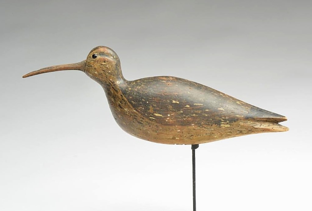 As with the Nathan Cobb Jr goose sold on the first day, the carver’s running curlew topped the second day, bringing $210,000. Again, the history of this decoy is well-known, and the catalog description of Cobb Island shore birds is extensive.