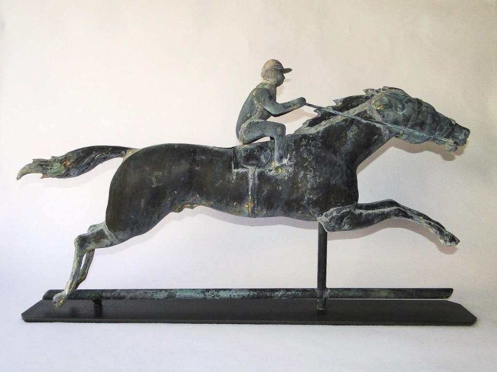 This large copper, brass and zinc horse and jockey weathervane was attributed to J.W. Fiske of New York City and dated to circa 1870-90. Sourced from a western Massachusetts collection, it sold for $4,250 and is staying in New England ($ ,000).