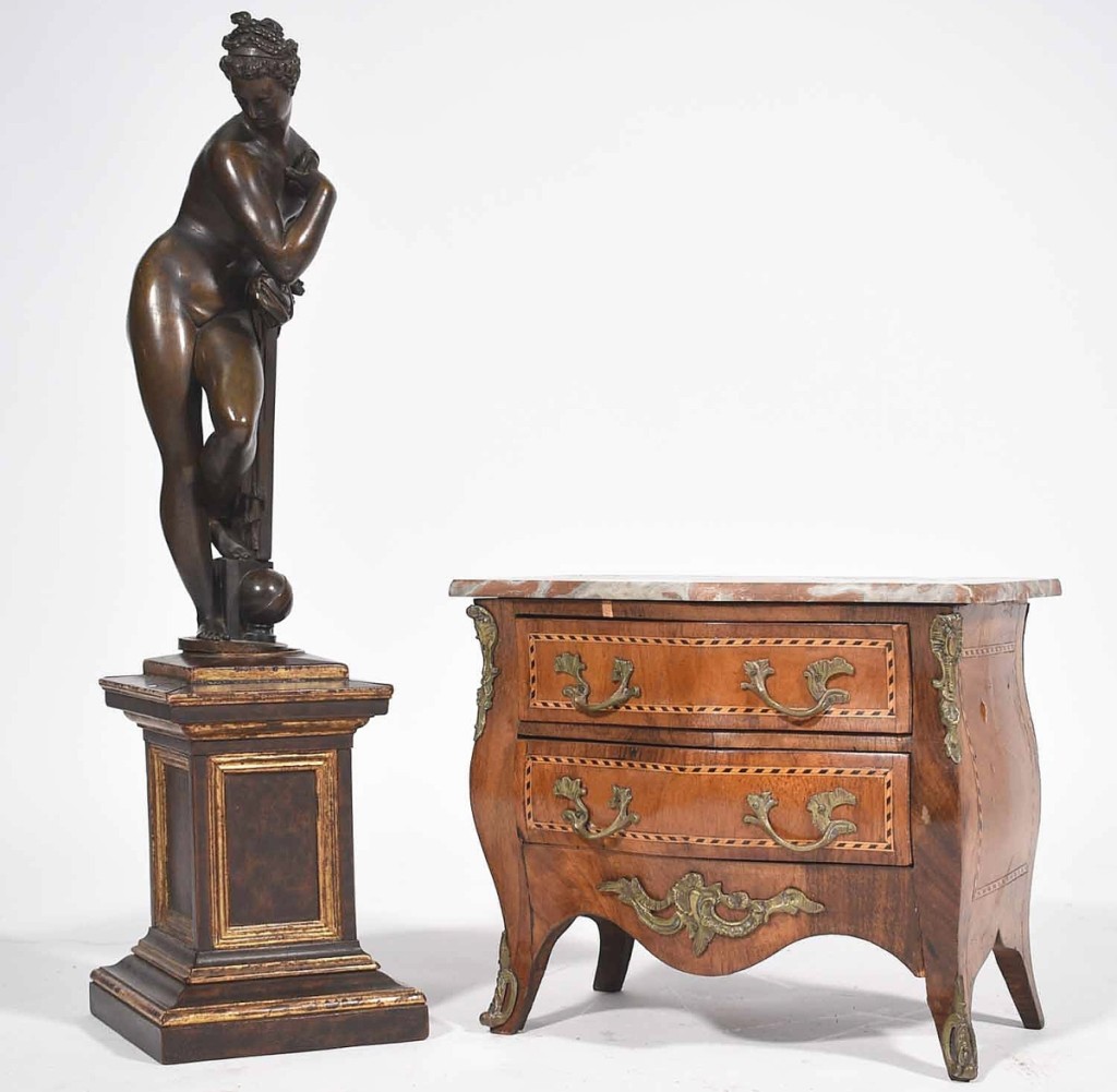 Cataloging gave no hint that this two-piece lot comprising a French miniature commode and bronze nude would be a surprise, topping the sale at $413,000.