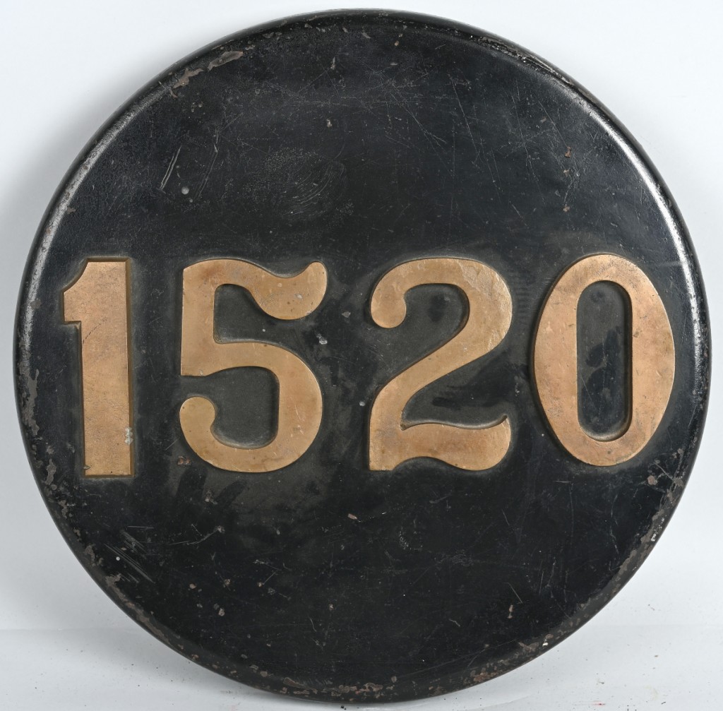 A Reading Railroad #1520, 2-8-0 camel back engine number plate from 1905 jumped its $400/700 estimate to finish $8,700.