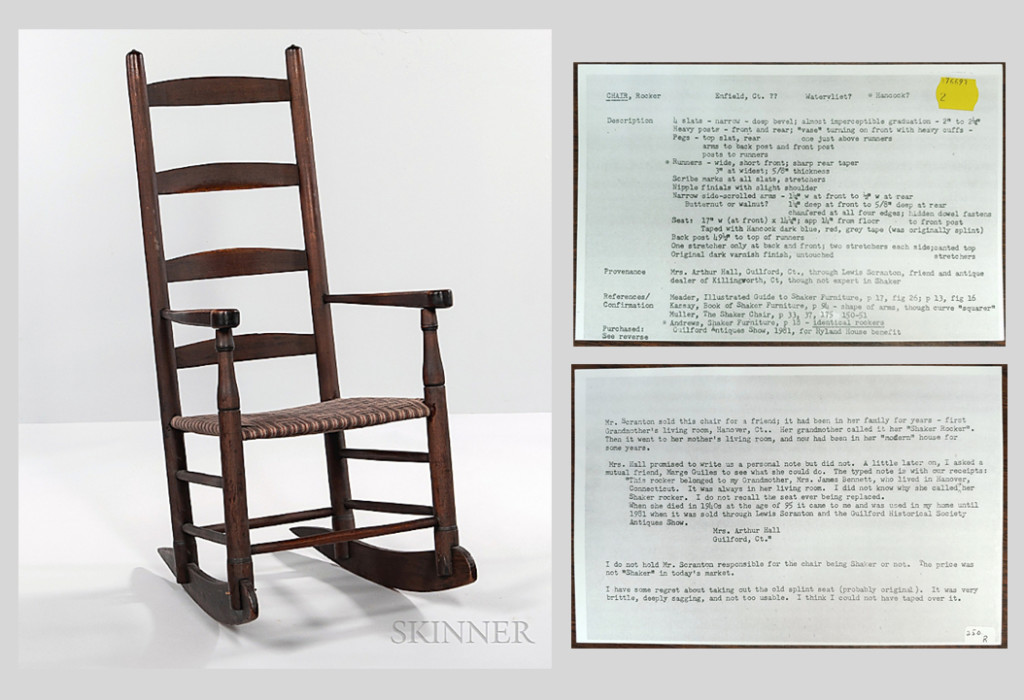 The Bloomfield, Conn., collector meticulously documented the pieces in her collection with personal anecdotes, including her buying experience and the object’s relationship with published examples. These two notes document a rocking chair that she had acquired through the late Killingworth, Conn., dealer Lew Scranton. She noted that Scranton was a friend, “though not expert in Shaker.” Connoisseurship reigns, but the chair passed.