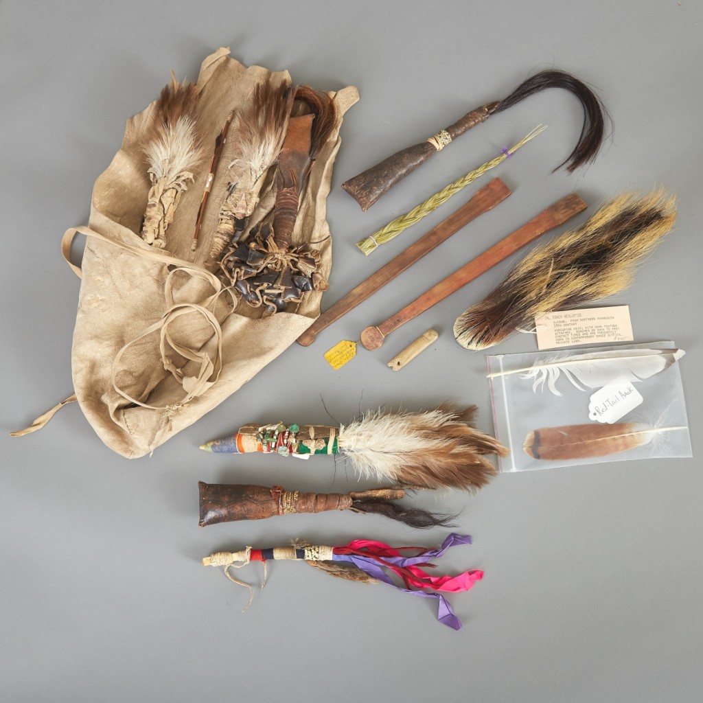 Collection of Native American artifacts with various tribal affiliations