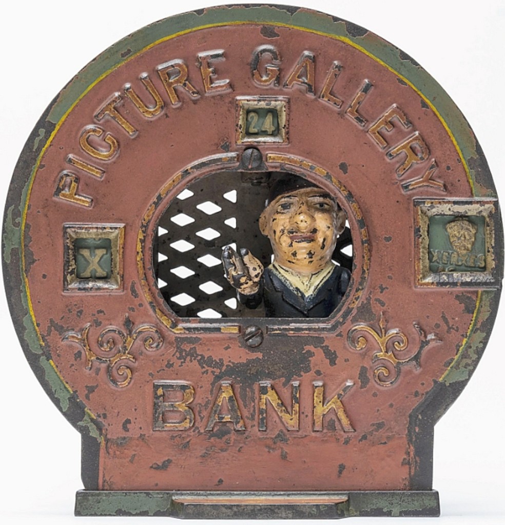 The sale’s top lot was found in this Picture Gallery cast iron mechanical bank, Shepard Hardware Co., 1880s, that brought $8,960. The front panel was in a red paint and it featured some restoration.