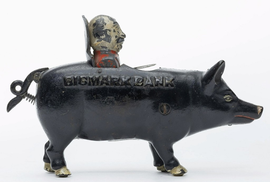 Chancellor of the German Empire Otto Von Bismarck pops out of the Bismark Bank, produced by J&E Stevens. The cast iron mechanical bank sold for $3,936. Not many all original examples are known of the bank.