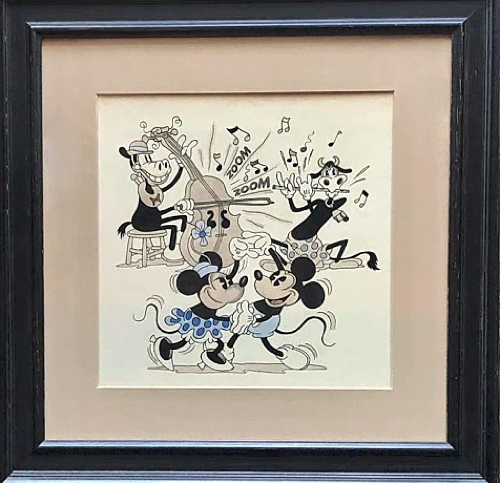 This original Walt Disney Studios ink and watercolor drawing for The Talkies (cartoons), circa 1930-33, was the top lot. Depicting Mickey and Minnie dancing, while Horace Horsecollar and Clarabelle the Cow are playing instruments in the background, the drawing brought $3,120.