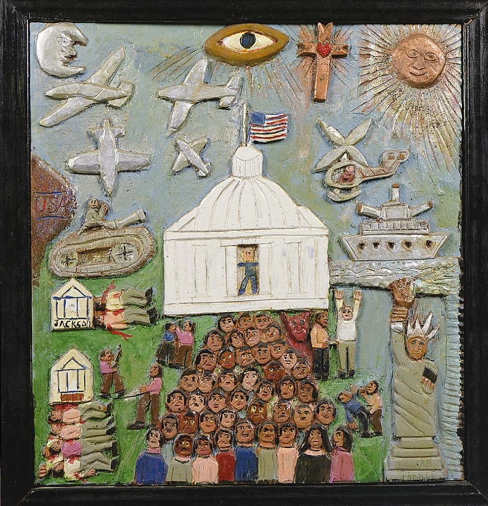 “Watergate” by Elijah Pierce (American, 1892-1984), circa 1975. Paint and glitter on carved board. Columbus Museum of Art, Ohio. Museum purchase.