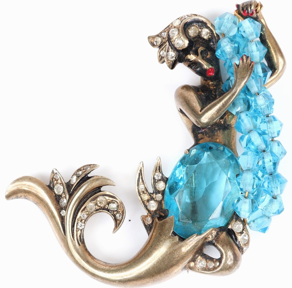 The sale’s top lot was found in this sterling vermeil mermaid brooch with aquamarine crystals. The firm had sold other Eisenberg mermaids in the past and noted that it was one of the more valuable of the company’s designs on the secondary market, though they had never had one with aquamarine crystals. This sold for $4,500.