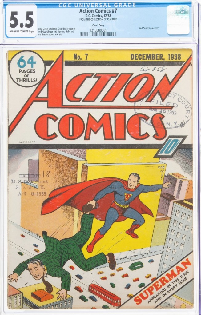 This particular copy of Action Comics #7 is perhaps more importantly known as Exhibit 18 in a 1939 lawsuit filed by DC against Fox and Bruns Publications claiming copyright infringement over the latter’s use of Wonder Man. While the lawsuit would ultimately generally allow Herculean superheros that resembled the talents of DC’s Superman, it protected Superman lookalikes and those who performed specific acts that copied DC’s original storylines. The decision would lead to Bruns discontinuing Wonder Man and would serve as precedent in the 1951 DC lawsuit against Fawcett Publications over their modeling of Captain Marvel, which ultimately was found in favor of DC and bankrupted Fawcett. The issue, graded CGC FN 5.5 sold for $204,000.