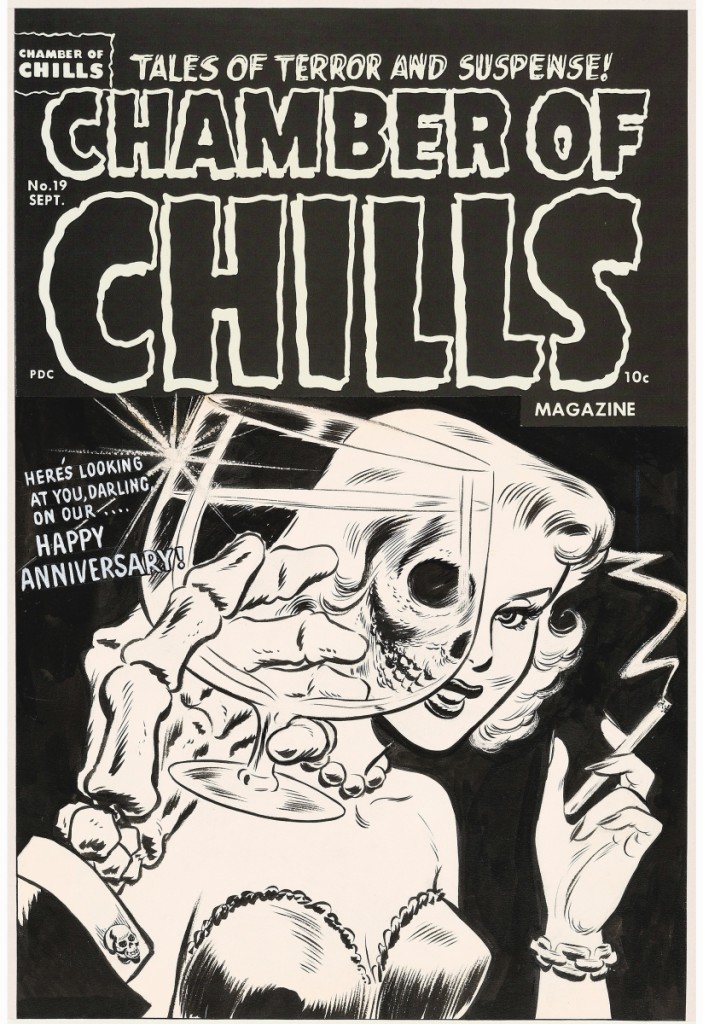 Bringing $174,000, the top end of its estimate, was Lee Elias’ ink over graphite on Bristol board cover art for Chamber of Chills #19, published in 1953. The image was reprised as the cover art for the 1984 EP “Die, Die My Darling” by the Misfits.