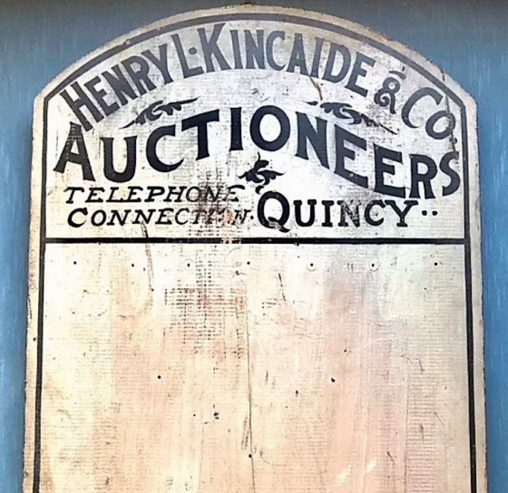 Mark Jacobson of CapeDux Antiques specializes in folk art and nautical and local signs from old businesses, such as this circa 1910 Quincy, Mass., trade sign for “Henry L. Kincaide And Co., Auctioneers, Telephone Conn(ection) Quincy.”