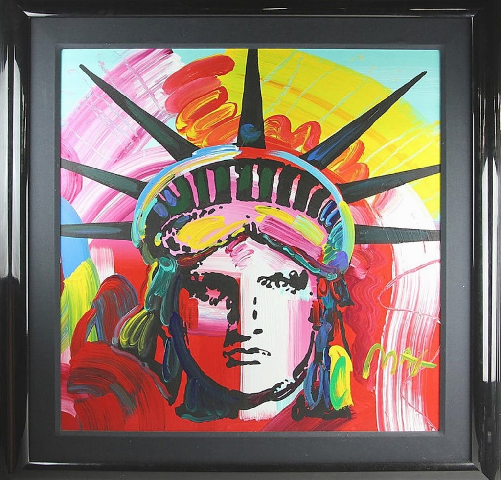 Pop artist Peter Max (b 1937) made many versions of the “Statue of Liberty.” This one, a signed oil on canvas measuring 36 by 36 inches from the estate of Joseph J. Maniscalco of Boston, brought $8,000.