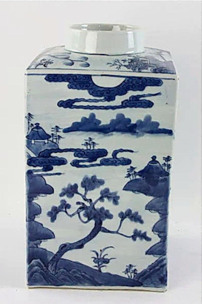 A Nineteenth Century Chinese export Canton covered spice jar finished at $13,750. The 13-by-7-by-7-inch-square jar from a Saugus, Mass., estate had been estimated just $300/500.