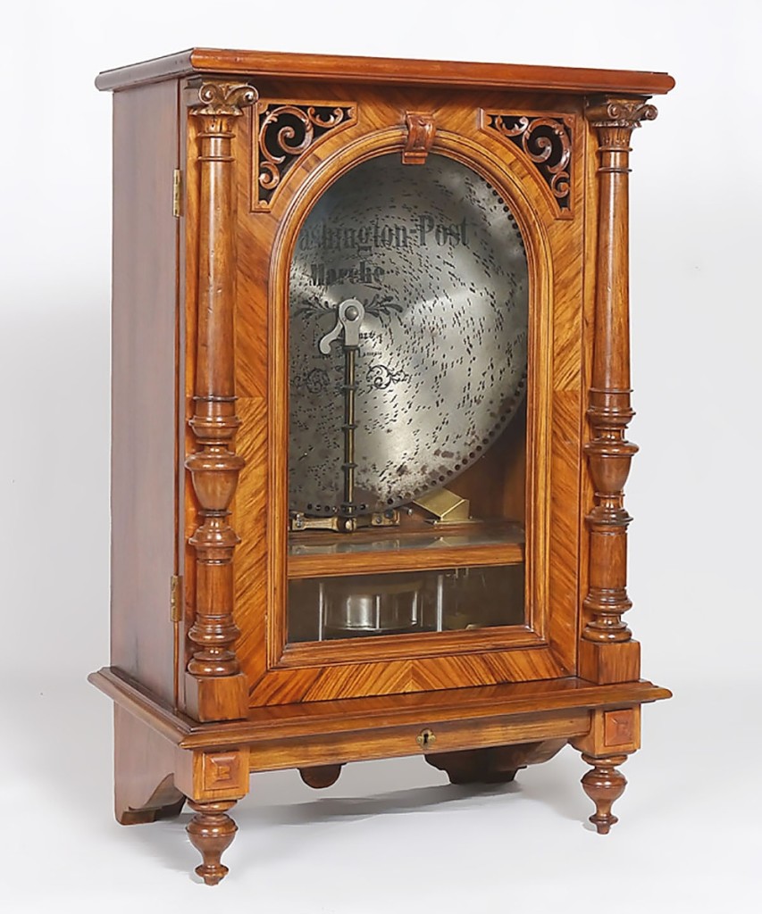 Along with the Ithaca wall clock, this coin-operated Polyphon disc playing music box accompanied by 43 20-inch discs led the eclectic estate auction, bringing $4,200.