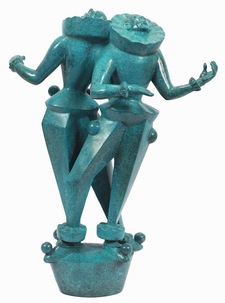 DuMouchelle’s bidders were not clowning around and got right to business with the first lot to cross the block on the second day of sales. Marshall Fredericks’ “Clown Musicians,” executed in 1937 with a turquoise-blue patina, brought the sale’s top price of $34,100. It sold to a Bloomfield Hills private collector bidding on the telephone ($30/50,000).