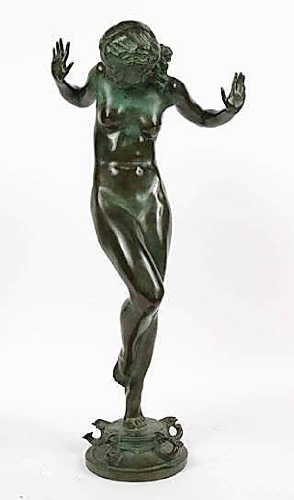 “Scherzo” by Harriet Whitney Frishmuth led the sale with a private American collector from the Mid-Atlantic states on the phone splashing out $61,500 for the nearly 2-foot-tall bronze fountain. It had been cast in 1929 by the Gorham Company founders and was from the estate of Margaret Hull Chalif ($25/50,000).