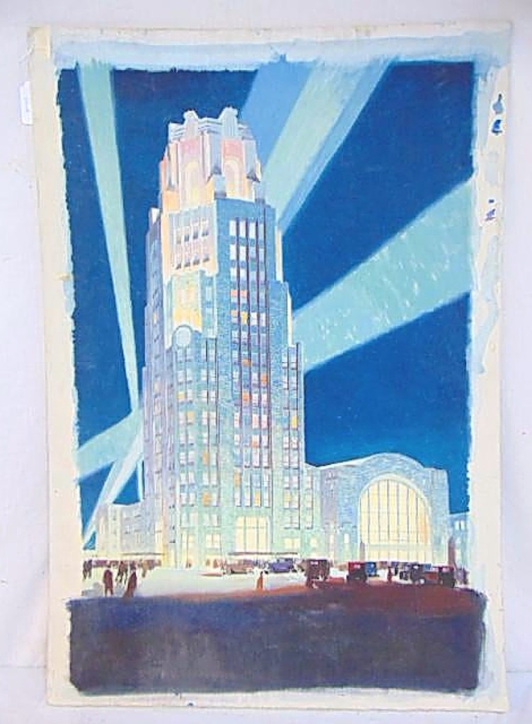 Hudson Valley Auctioneers was selling the estate of Floyd Yewell and this watercolor study by Yewell, one of his most well-known posters, was one of two lots to achieve the top price in the sale. A private collector, bidding online, acquired this work for the New York Central Lines that depicted the Central Terminal in Buffalo, N.Y., for $8,750.