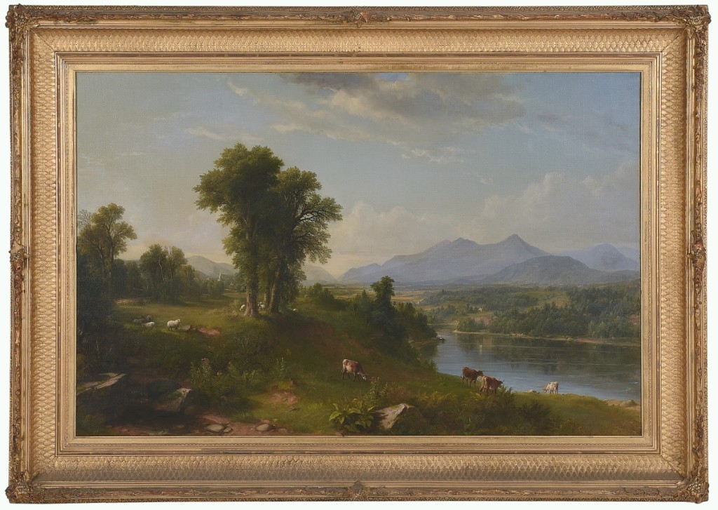 The China trader A.A. Low purchased the dated 1857 “Franconia Range from the South with Village of South Woodstock, New Hampshire” directly from painter Asher B. Durand. By 1973, the 36-by-54-inch oil on canvas in what appears to be its original frame was with Hirschl & Adler Galleries, which that year sold it and “Peaches and Grapes” by Raphaelle Peale to Banks for a combined $150,000. It brought $516,600 ($300/500,000) this time.