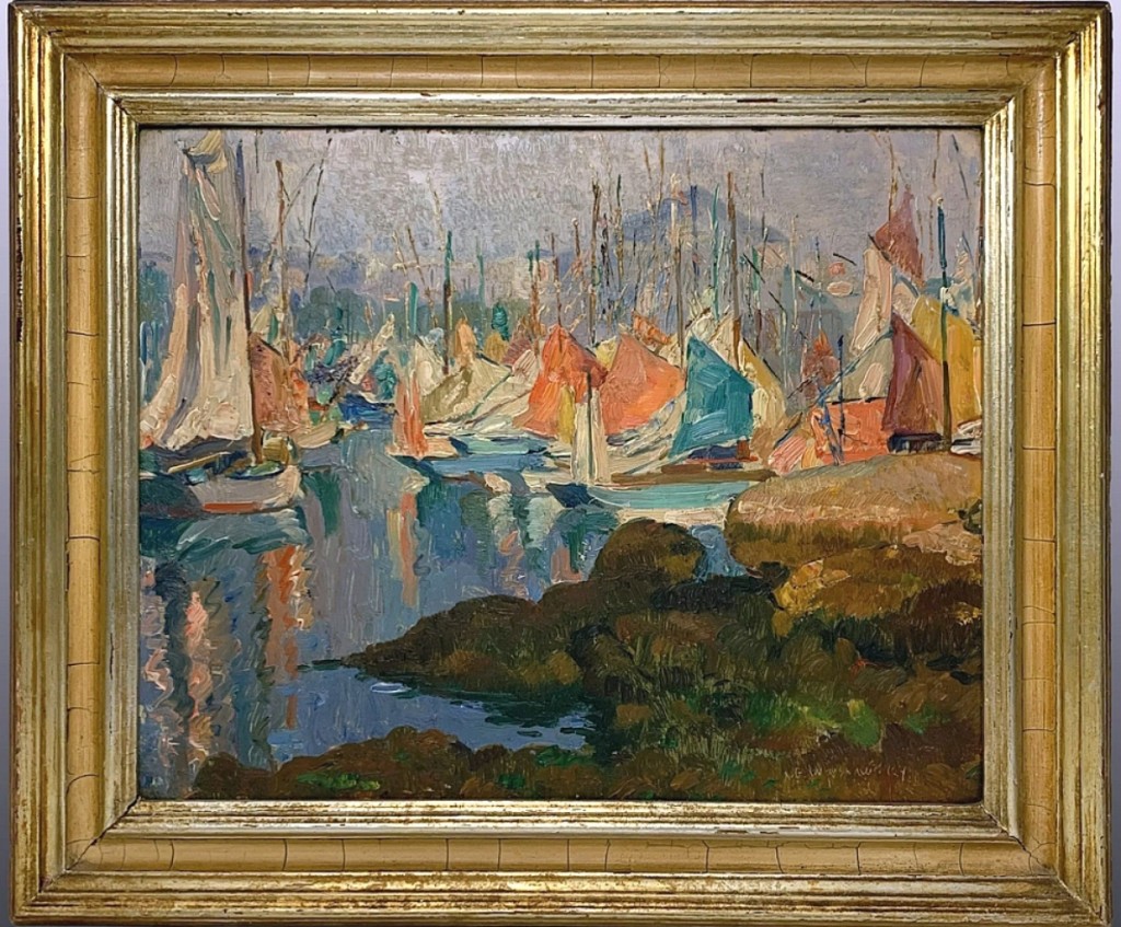 The sale’s top lot was found in a 13-by-16¼-inch oil on canvas harbor scene by Abel Warshawsky (1883-1962) that sold for $8,050. The buyer believed this painting was executed during the artist’s 30-year stay in France.