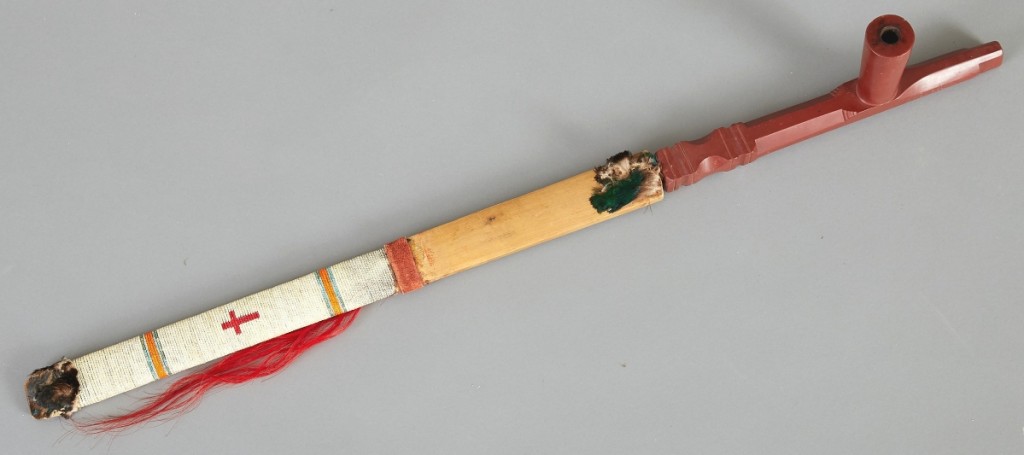 Northern Plains catlinite pipe with quilled stem and horsehair drop