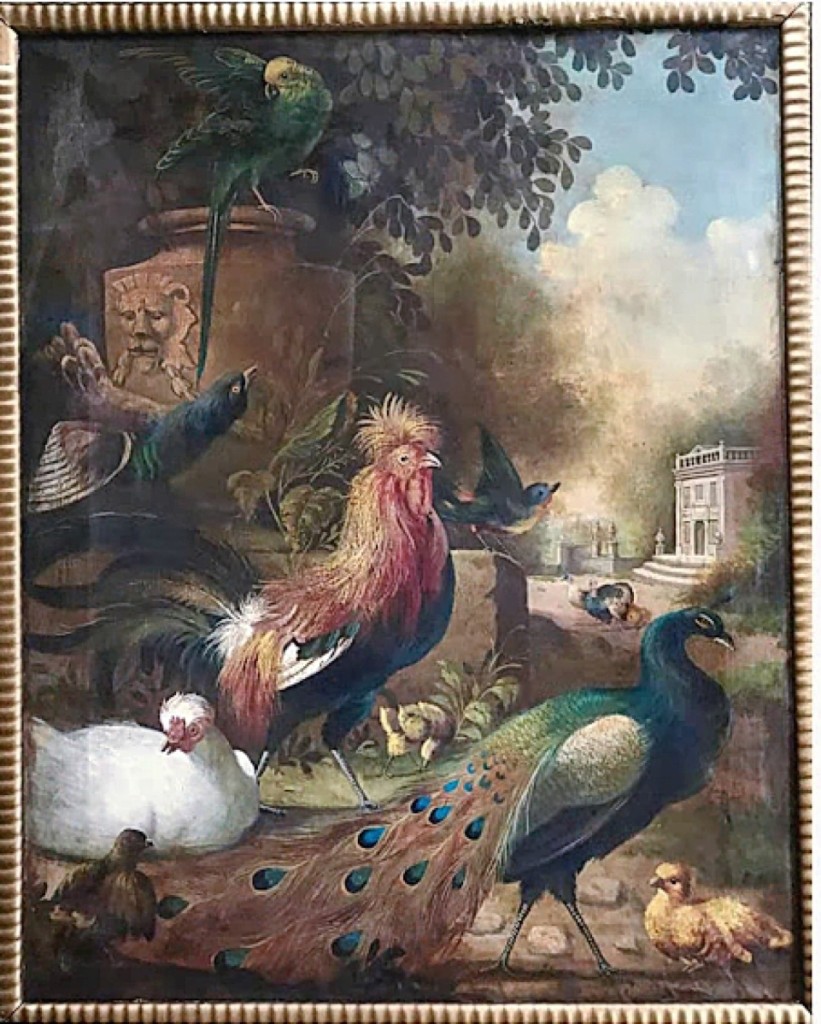 A painting, possibly Eighteenth Century, in the manner of Melchior D’Hondecoeter (Dutch, circa 1636-1695) depicted a peacock and exotic birds in a garden landscape setting with a distant classical estate. The oil on canvas, 32½ by 40¼ inches framed, realized $1,353.