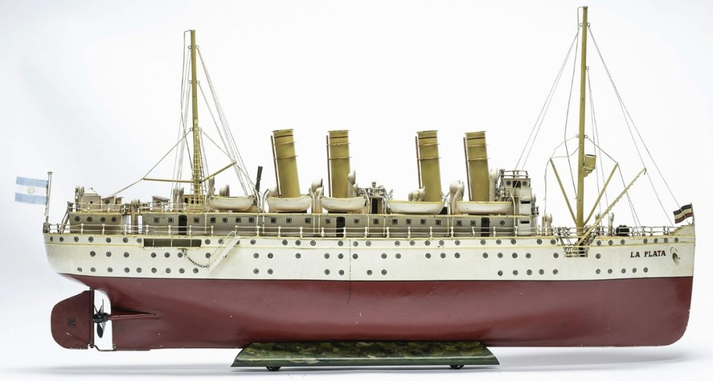 The sale was led in value by a $39,000 result for Marklin’s four-funnel ocean liner La Plata. The ship, made in Germany circa 1905, measured 39 inches long and was about 80 to 90 percent restored, which made a nice opportunity for someone to add this high-dollar toy to their collection at a fraction of the price of an all-original model.