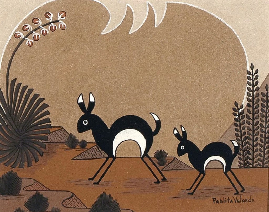 Leading the sale was Pablita Velarde’s [Tse Tsan] (Santa Clara, 1918-2006) untitled work featuring jack rabbits that sold for $5,250. It was a modest size at 13-  by 15-  inches and was the second highest auction record from the artist that we were able to find. Among other works in the sale, it hailed from the estate of an unnamed prominent Native American female artist.