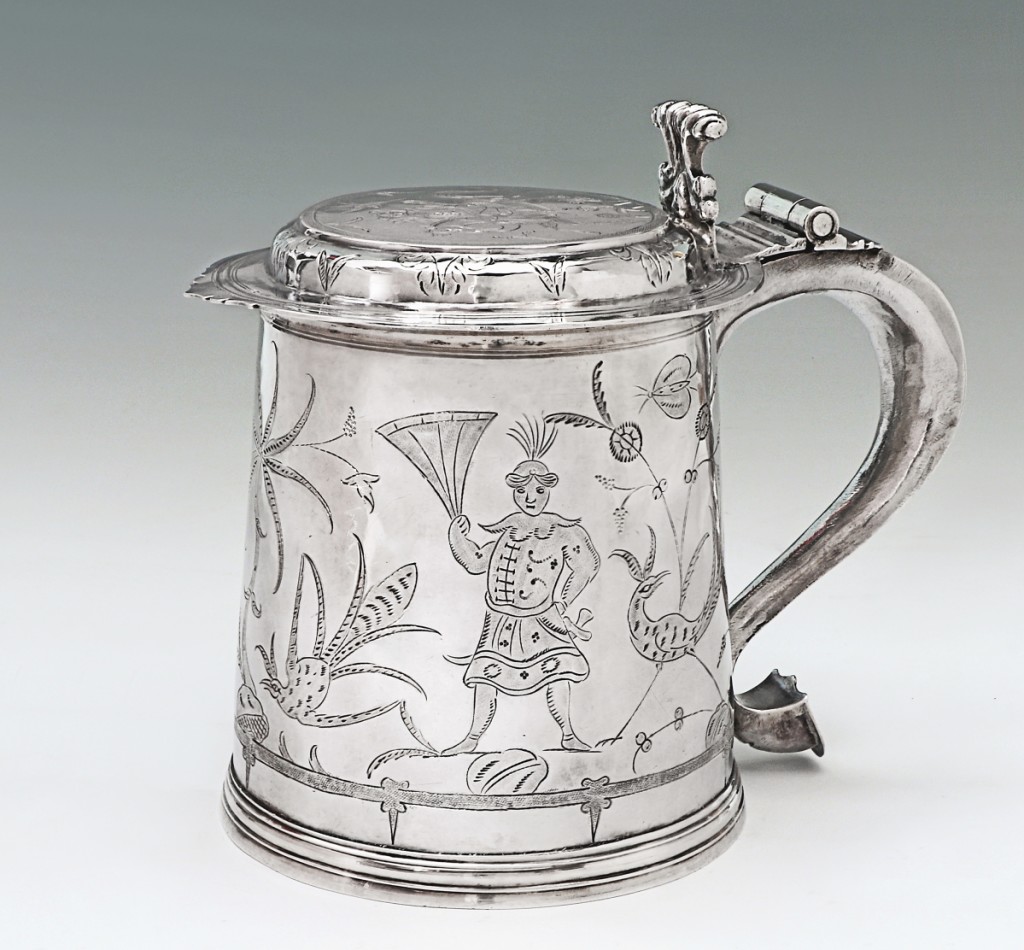 Charles II tankard with chinoiserie decoration by John Sutton, London, 1683. Silver, height 6 inches. S.J. Shrubsole Corp.