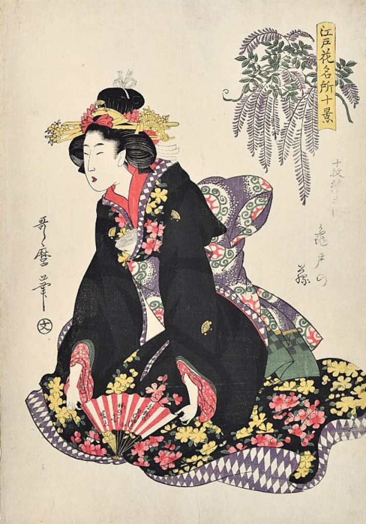 “Ten Views of Famous Floral Places in Edo: Wisteria at Kameido” by Kitagawa Utamaro (1753-1806). From “Composing Beauty” at Scholten Japanese Art, New York City.